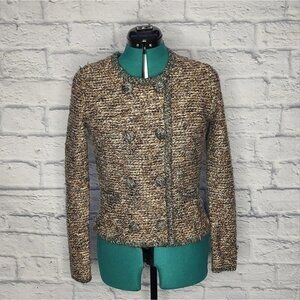Cabi women's tan tweed knit double breasted long sleeve jacket Sz XS